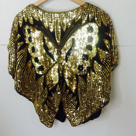 Vintage Butterfly Sequin Top Black Gold Silk Top - Picture 4 of 4